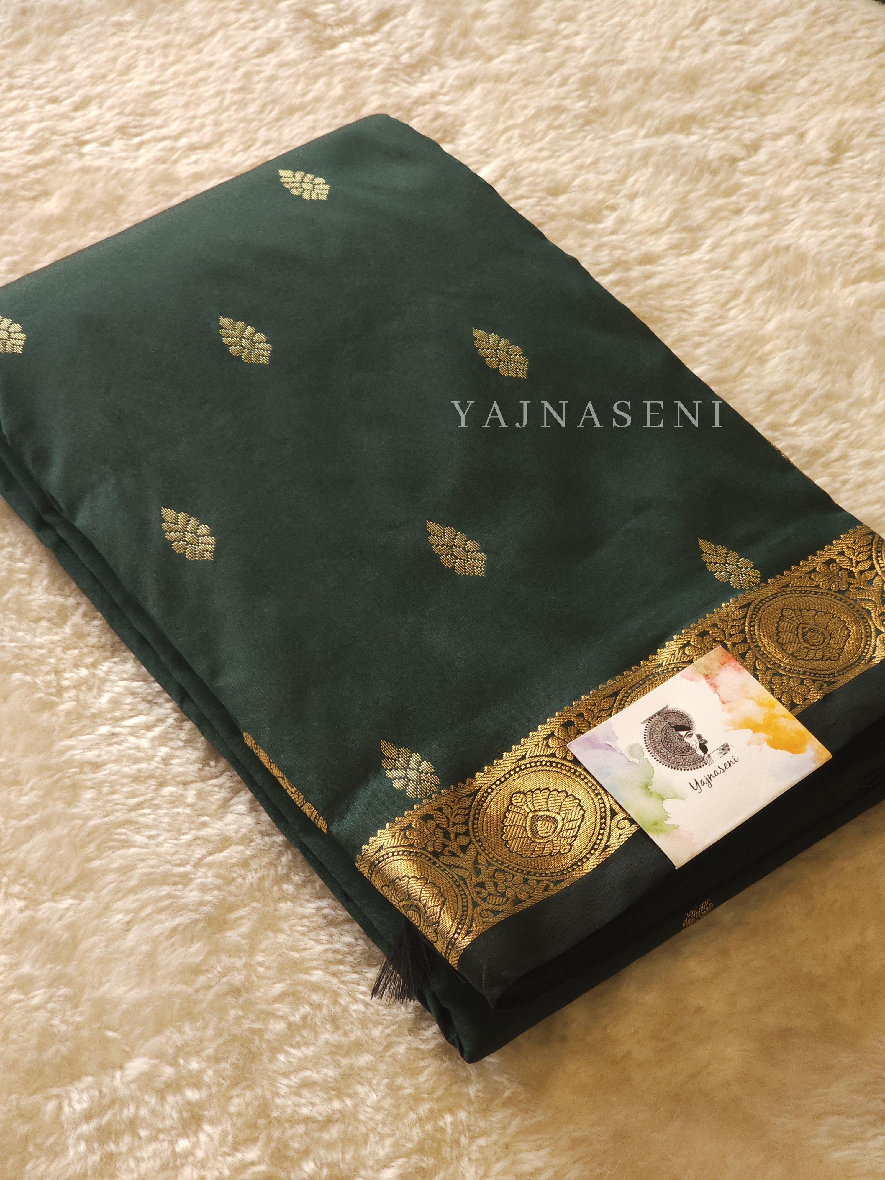 Kanchi cotton silk saree x mini border : Dark Green