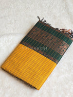 Load image into Gallery viewer, Kalyani Cotton Saree (checkered) - Copper Zari : Mustard x Dark Green
