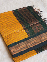 Load image into Gallery viewer, Kalyani Cotton Saree (checkered) - Copper Zari : Mustard x Dark Green
