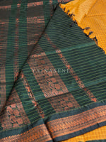 Load image into Gallery viewer, Kalyani Cotton Saree (checkered) - Copper Zari : Mustard x Dark Green
