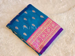 Load image into Gallery viewer, Lichi Silk Saree x Contrast Border : Teal Blue x Magenta
