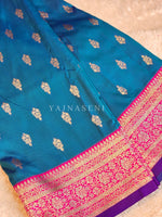 Load image into Gallery viewer, Lichi Silk Saree x Contrast Border : Teal Blue x Magenta
