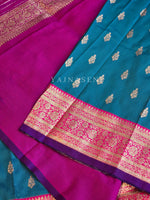 Load image into Gallery viewer, Lichi Silk Saree x Contrast Border : Teal Blue x Magenta
