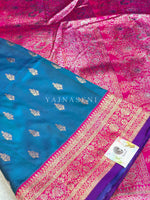 Load image into Gallery viewer, Lichi Silk Saree x Contrast Border : Teal Blue x Magenta
