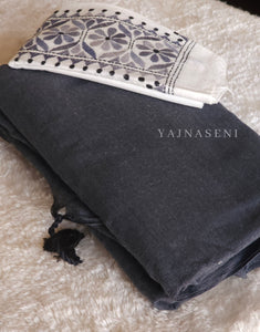 Khadi cotton plain saree x Embroidered blouse material : Grey