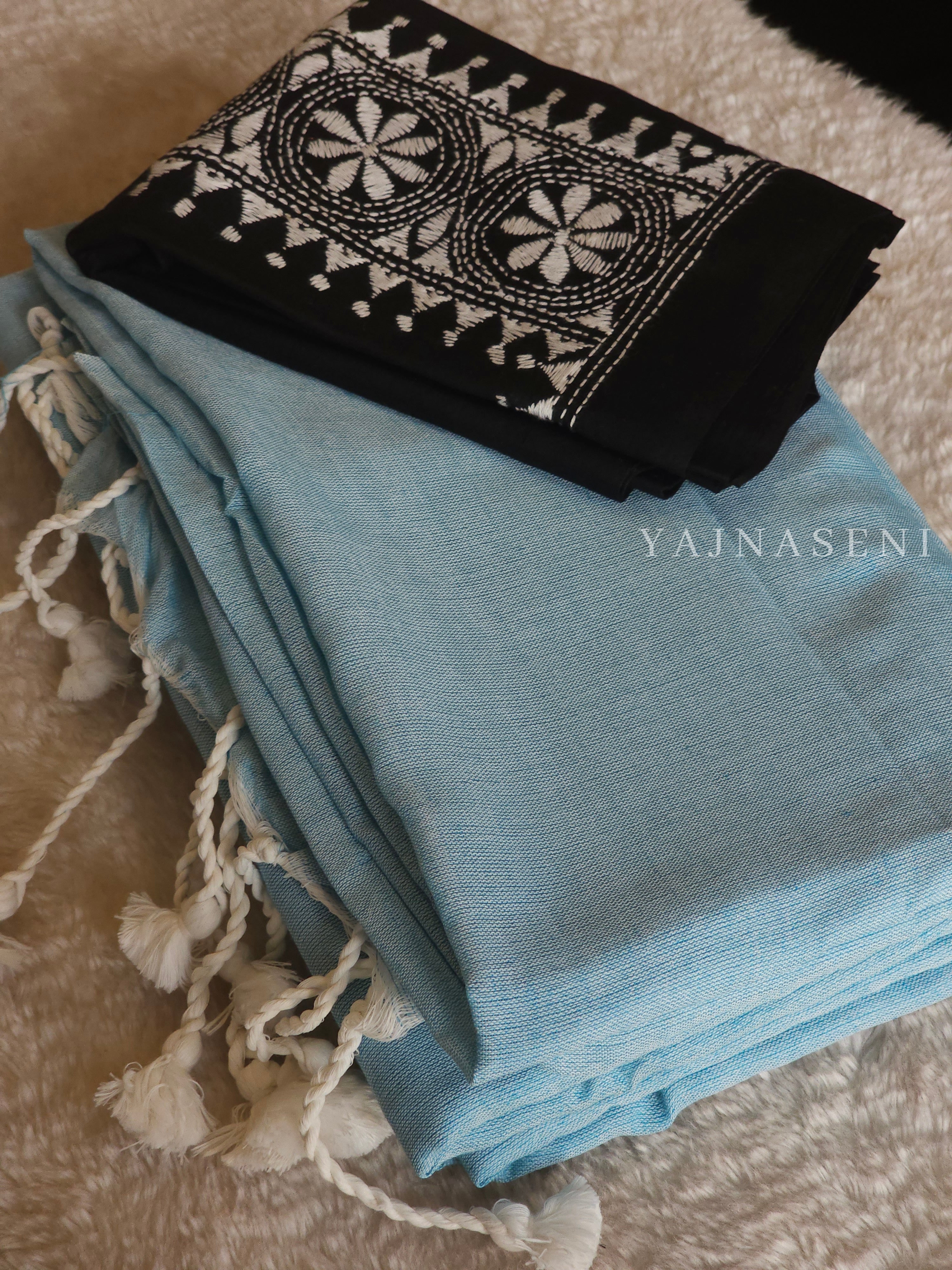Khadi cotton plain saree x Embroidered blouse material : Light Blue