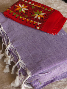 Khadi cotton plain saree x Embroidered blouse material : Lilac