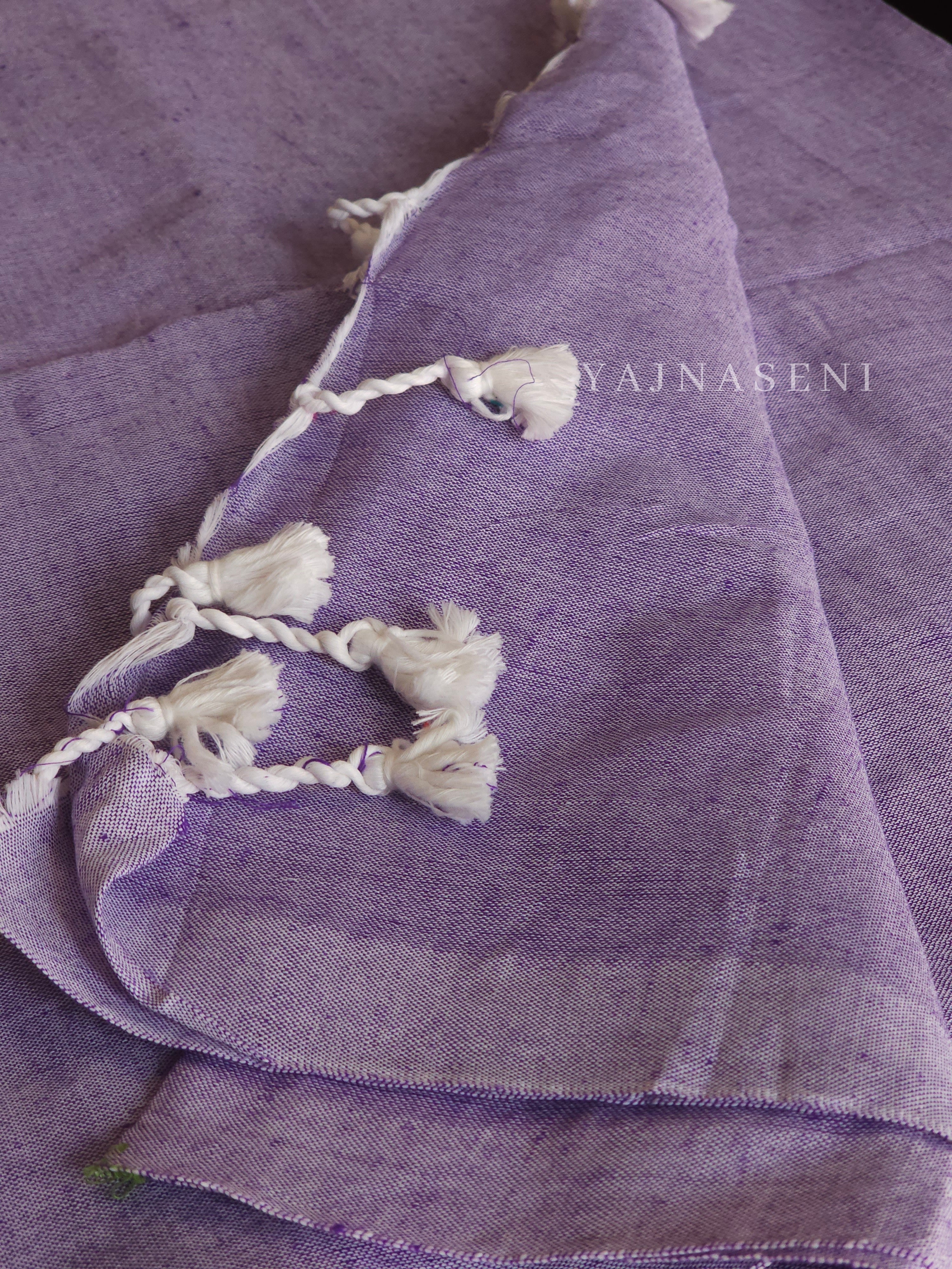 Khadi cotton plain saree x Embroidered blouse material : Lilac