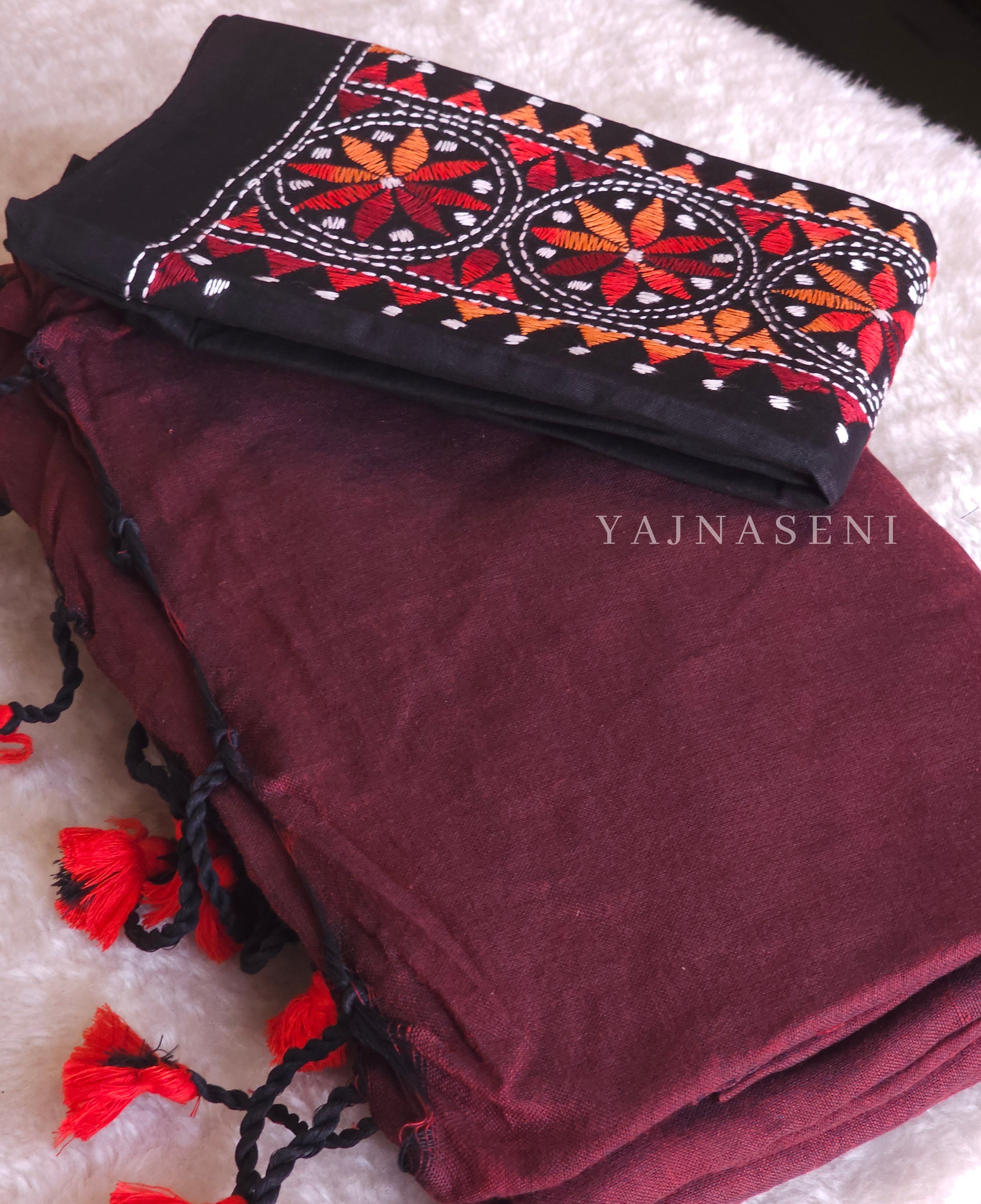 Khadi cotton plain saree x Embroidered blouse material : Maroon