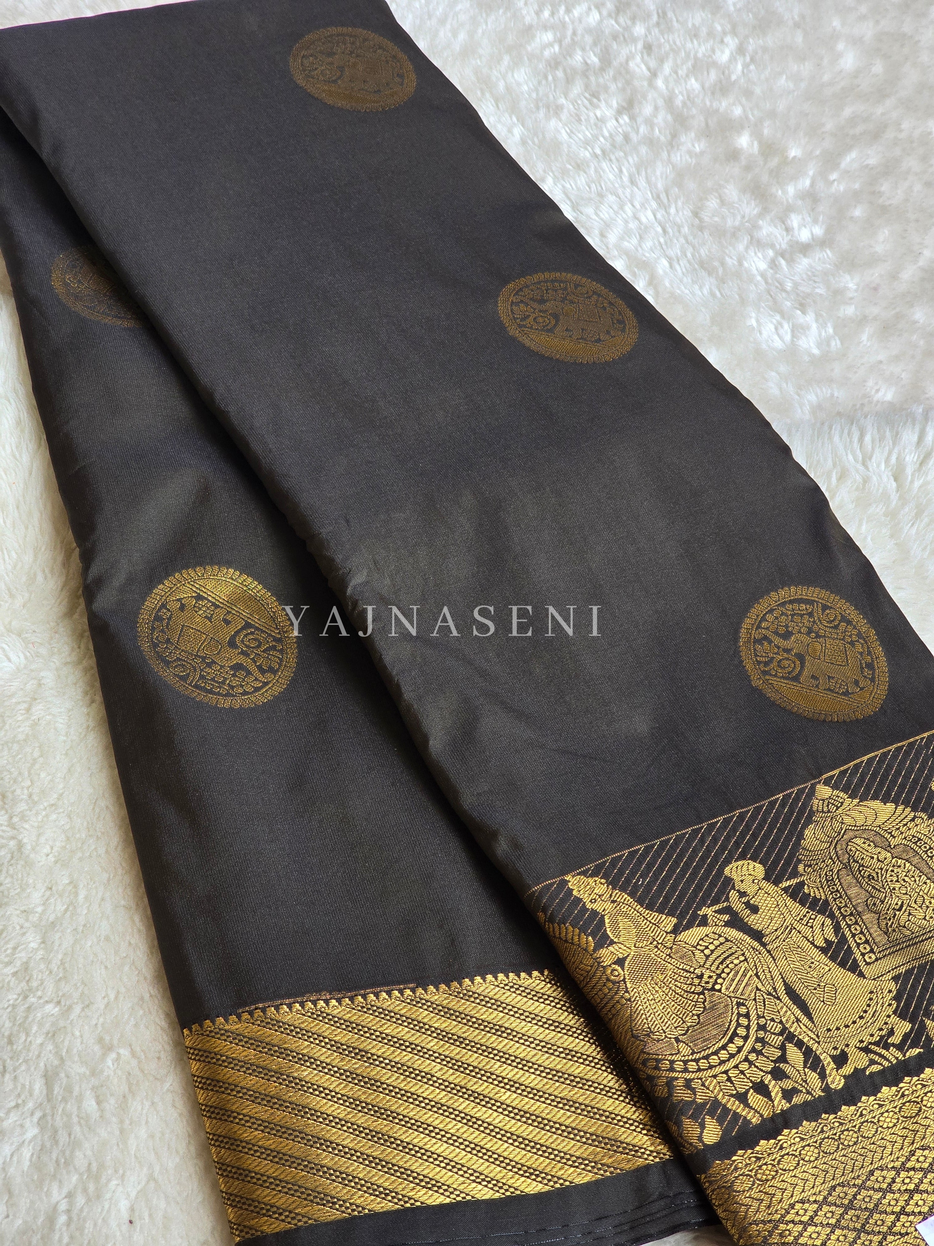 Pallakku Series : Semi Kanchi Silk Saree - Jet Black