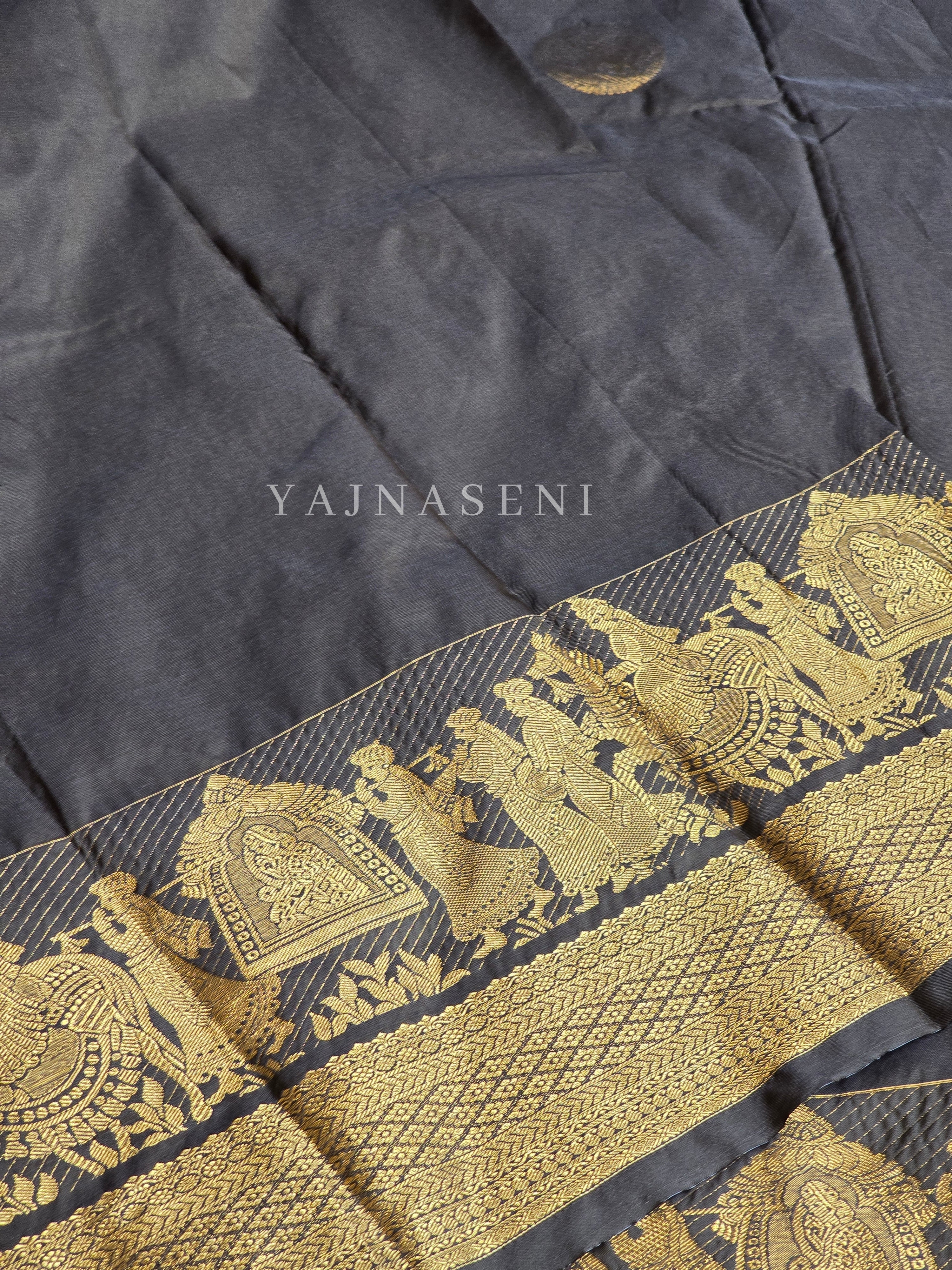 Pallakku Series : Semi Kanchi Silk Saree - Jet Black