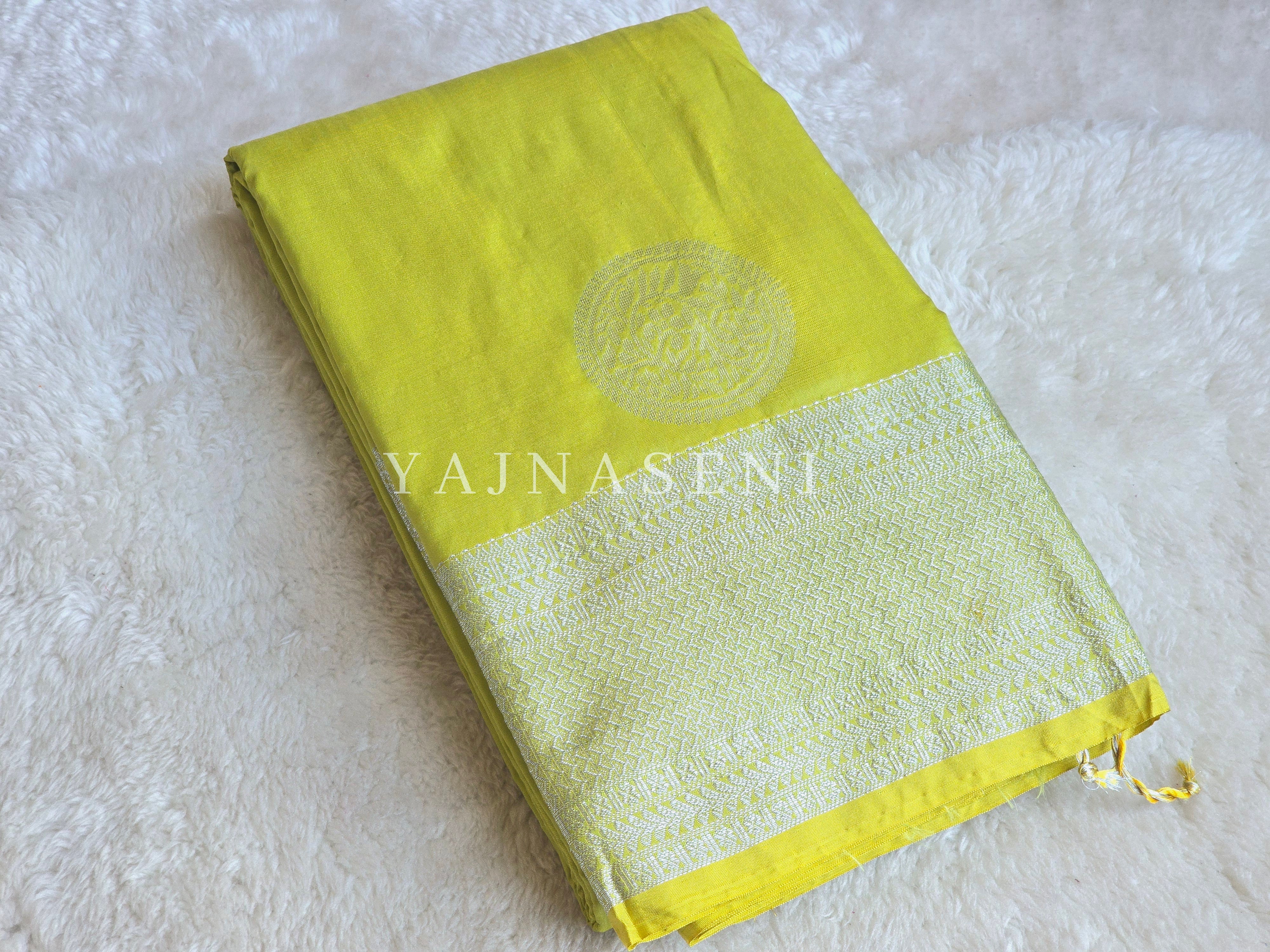 Semi Soft Silk Silver Zari Saree - Chartreuse Green