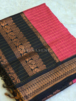 Load image into Gallery viewer, Kalyani Cotton Saree (checkered) - Copper Zari : Pastel Red x Black
