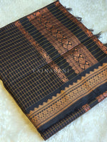 Load image into Gallery viewer, Kalyani Cotton Saree (checkered) - Copper Zari : Black
