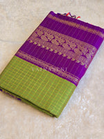 Load image into Gallery viewer, Kalyani Cotton Saree (checkered) - Gold Zari : Olive x Purple Garnet
