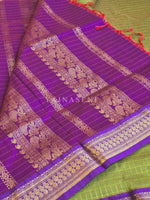 Load image into Gallery viewer, Kalyani Cotton Saree (checkered) - Gold Zari : Olive x Purple Garnet
