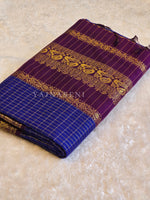 Load image into Gallery viewer, Kalyani Cotton Saree (checkered) - Gold Zari : Royal Blue x Dark Purple
