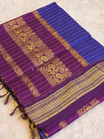 Load image into Gallery viewer, Kalyani Cotton Saree (checkered) - Gold Zari : Royal Blue x Dark Purple

