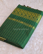 Load image into Gallery viewer, Kalyani Cotton Saree (checkered) - Gold Zari : Dark Green
