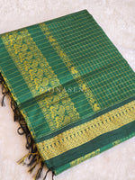 Load image into Gallery viewer, Kalyani Cotton Saree (checkered) - Gold Zari : Dark Green
