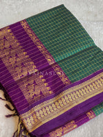 Load image into Gallery viewer, Kalyani Cotton Saree (checkered) - Copper Zari : Dark green x Dark Purple
