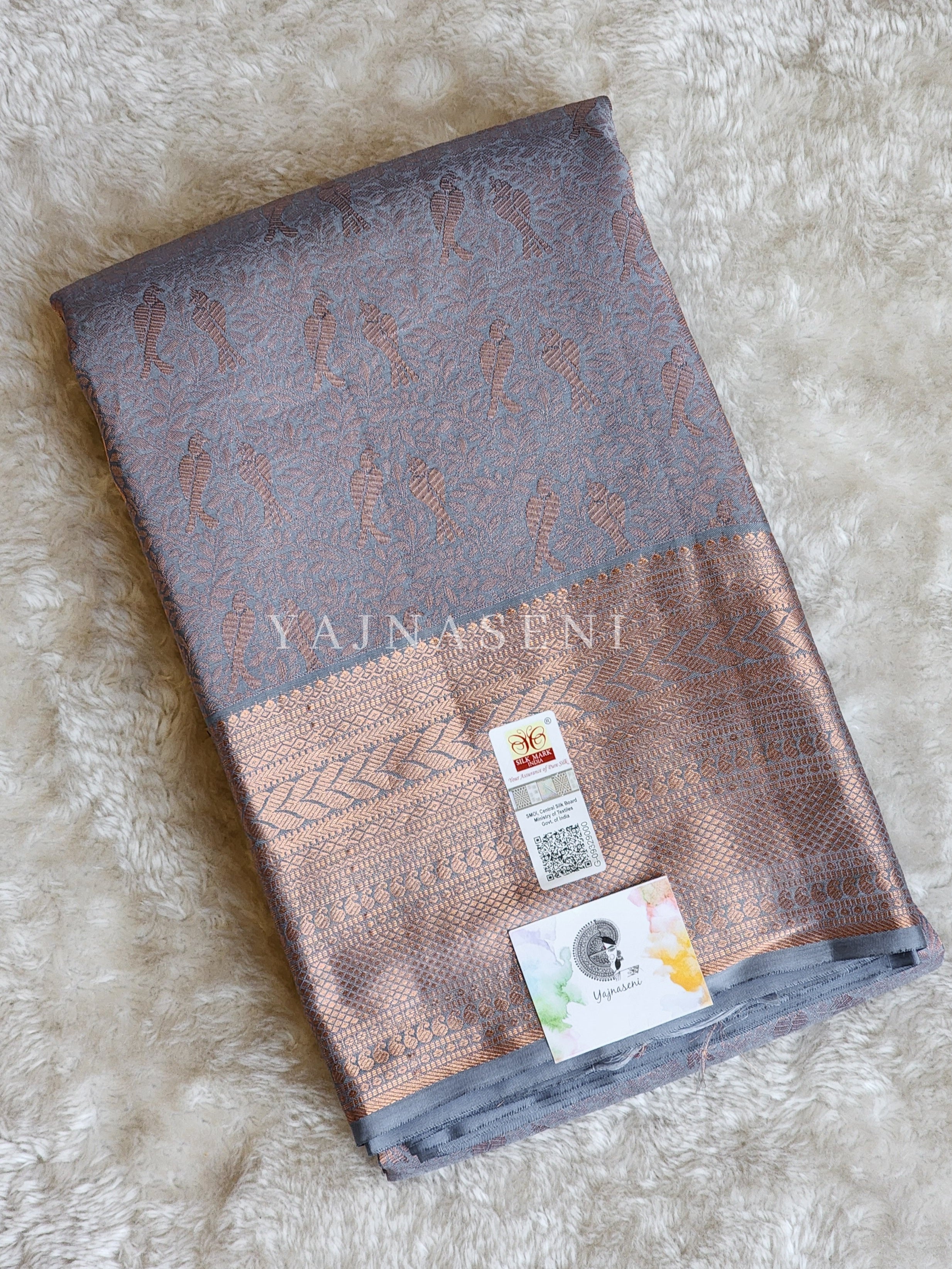 Lovebirds - Pure Kanjivaram Silk Saree with Copper Zari