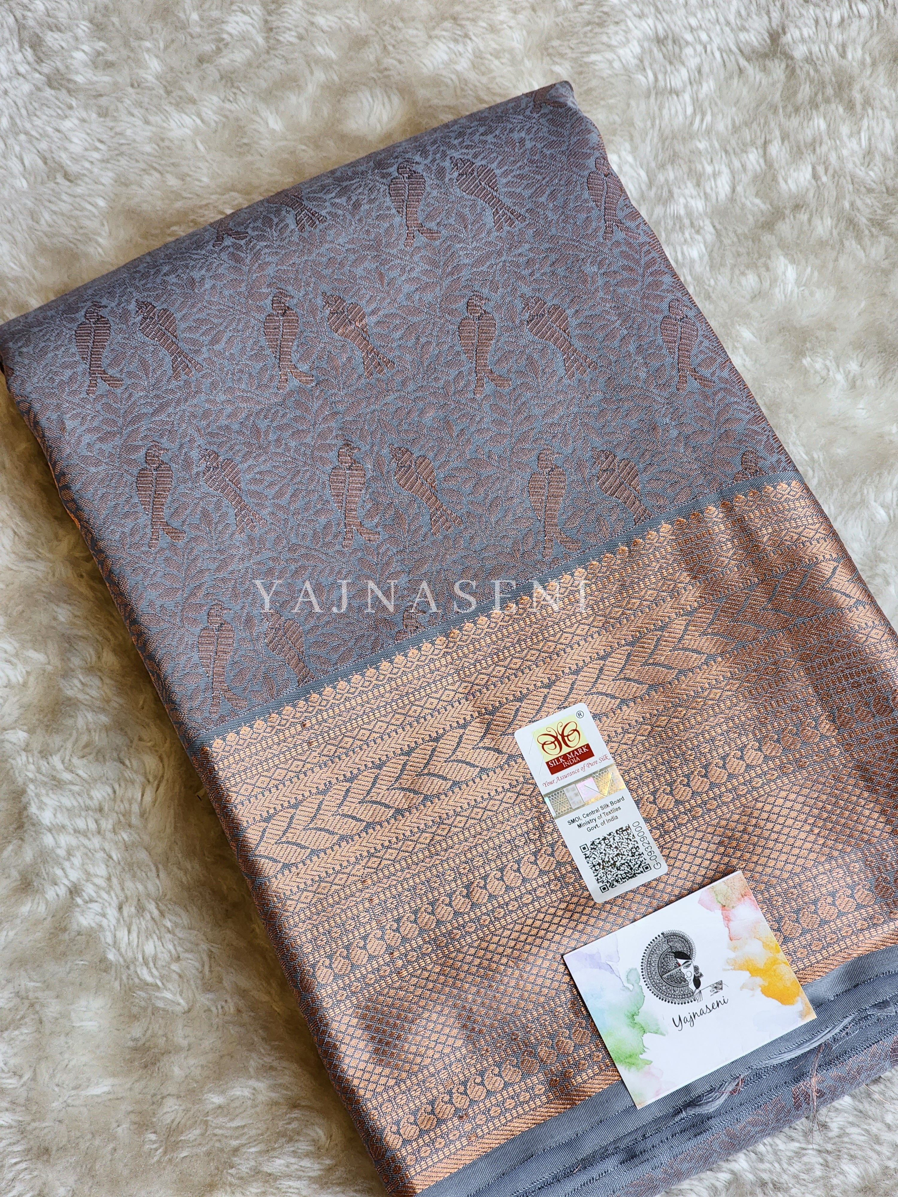 Lovebirds - Pure Kanjivaram Silk Saree with Copper Zari