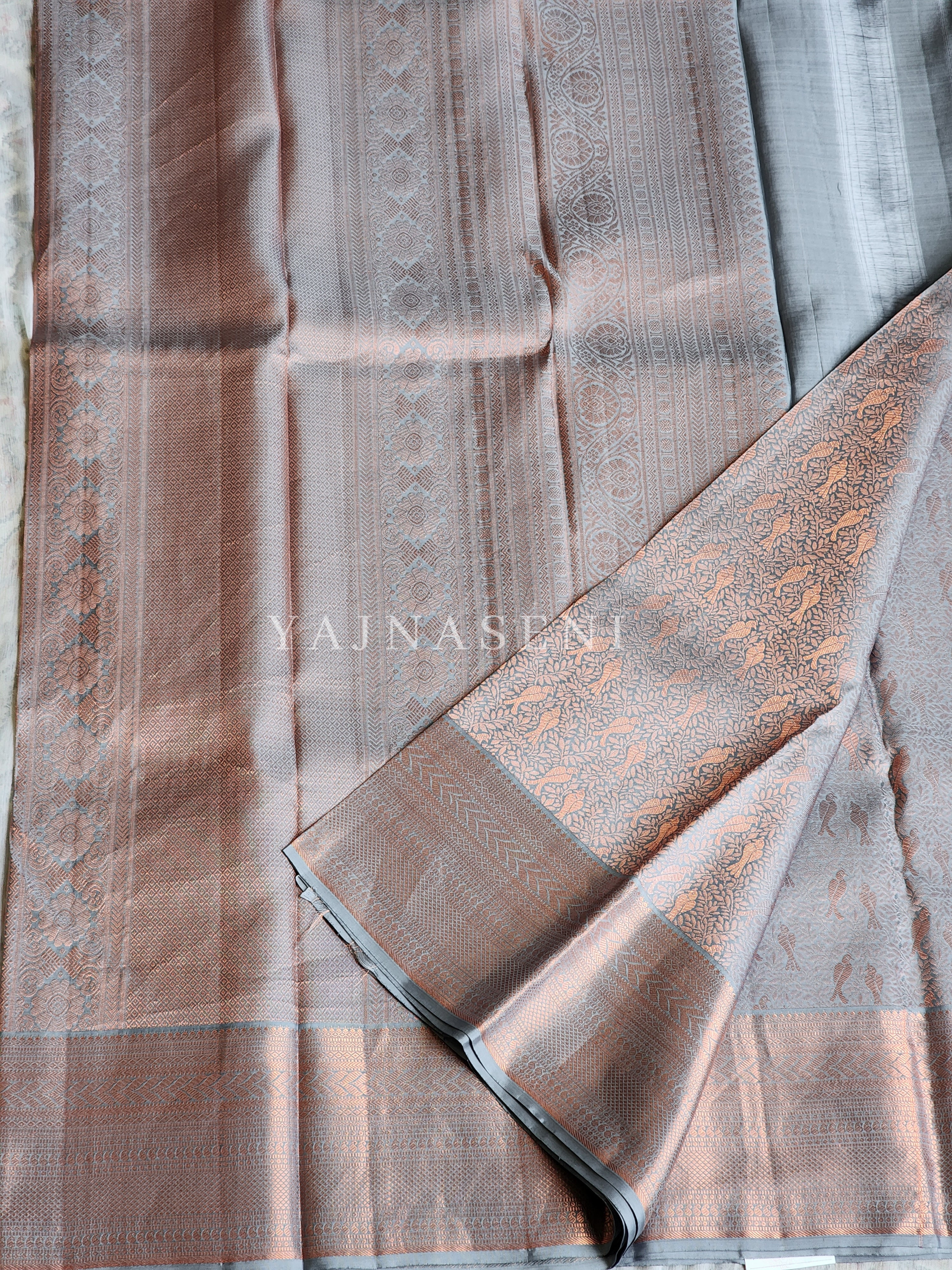 Lovebirds - Pure Kanjivaram Silk Saree with Copper Zari
