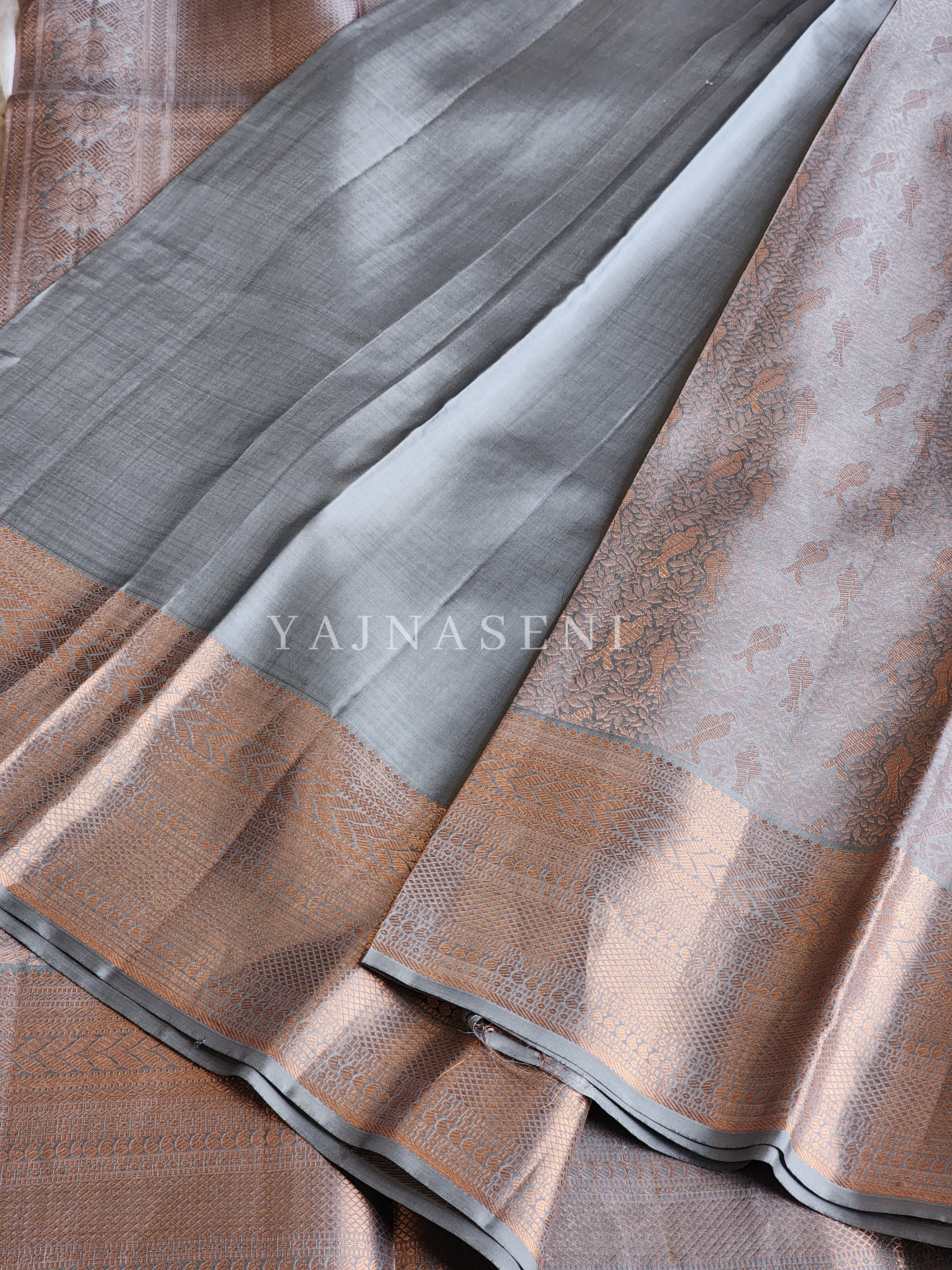 Lovebirds - Pure Kanjivaram Silk Saree with Copper Zari