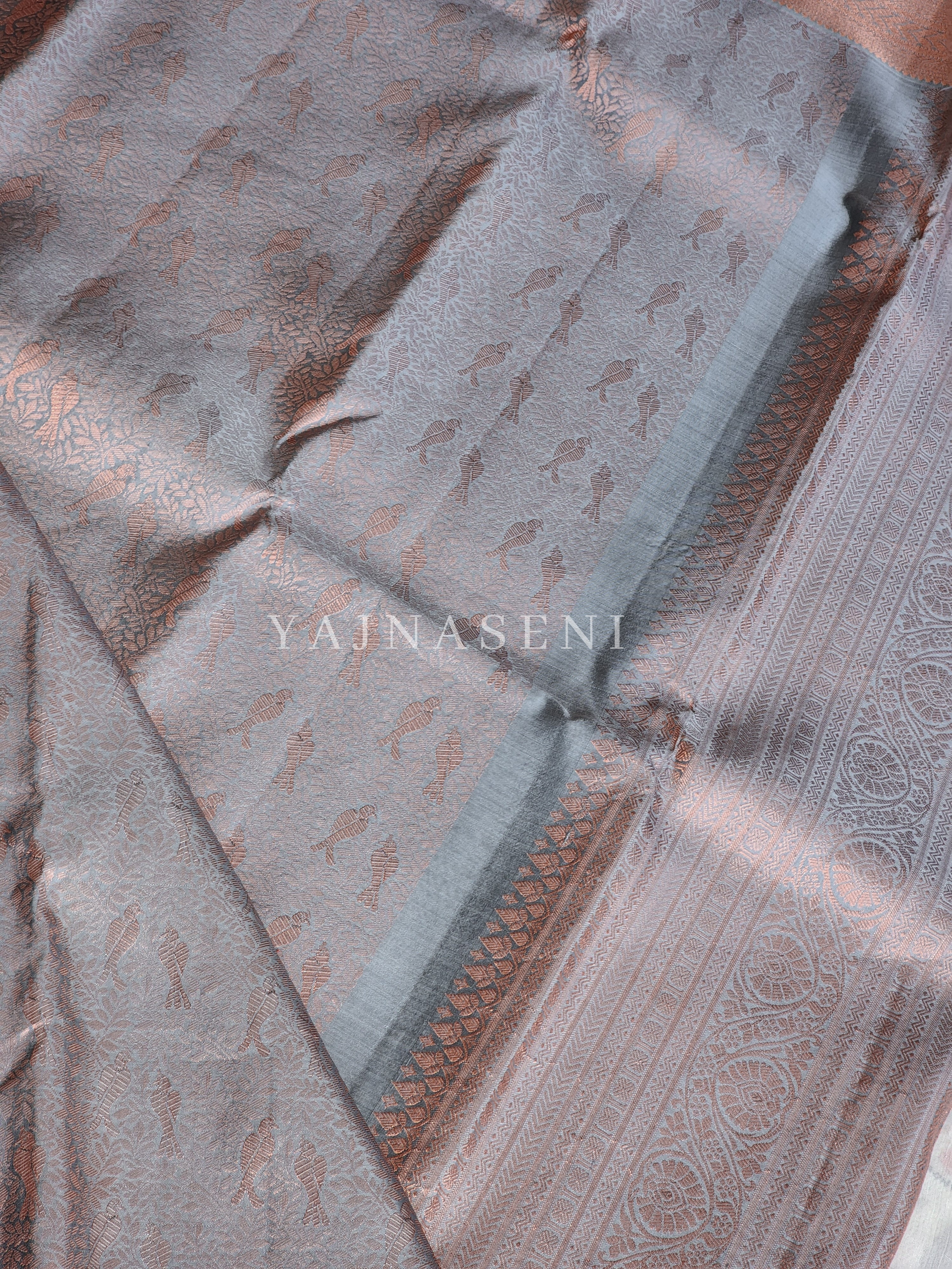 Lovebirds - Pure Kanjivaram Silk Saree with Copper Zari