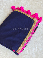 Load image into Gallery viewer, Mulmul Cotton x PomPom Saree : Dark Blue x Hot Pink
