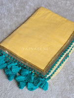 Load image into Gallery viewer, Mulmul Cotton x PomPom Saree : Yellow x Teal Blue
