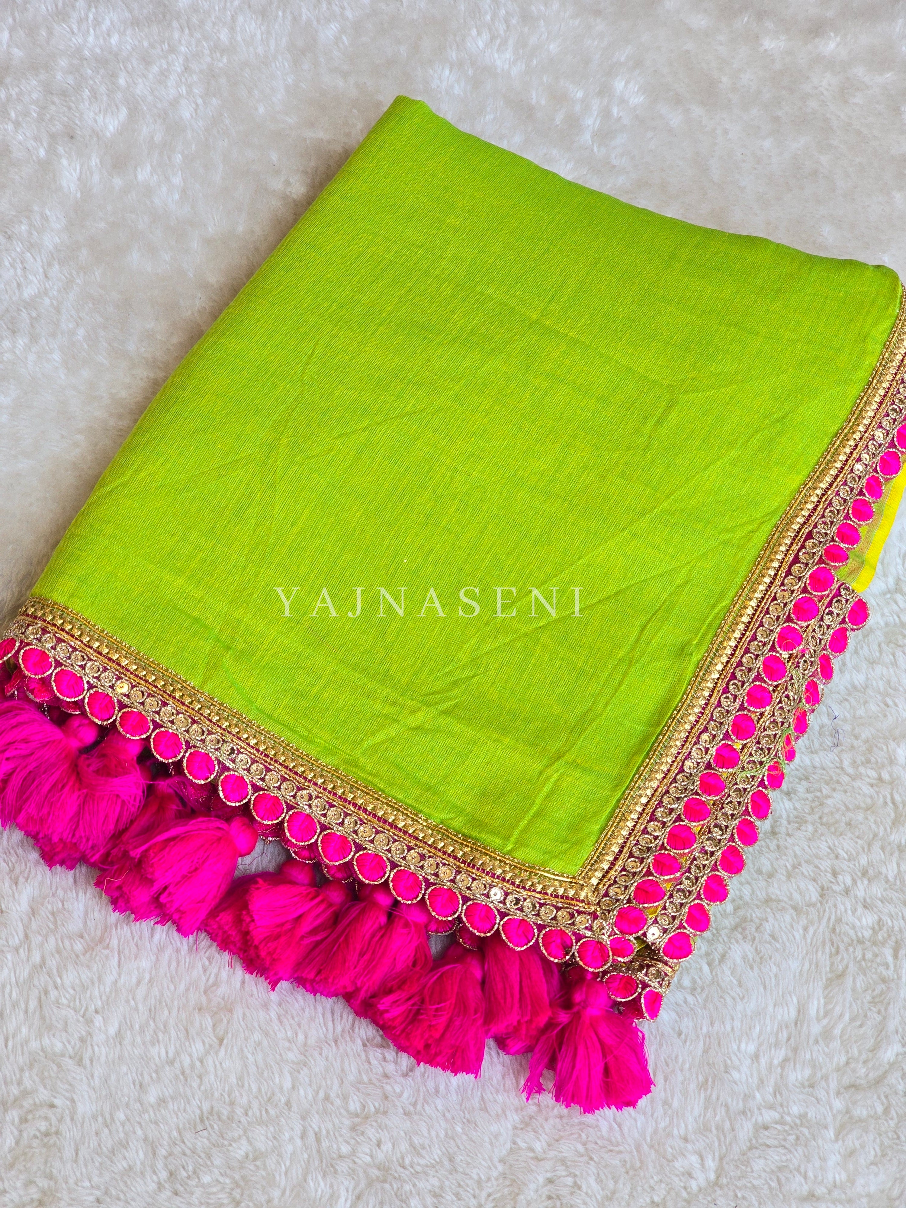 Mulmul Cotton x PomPom Saree : Neon Green x Hot Pink