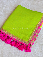 Load image into Gallery viewer, Mulmul Cotton x PomPom Saree : Neon Green x Hot Pink
