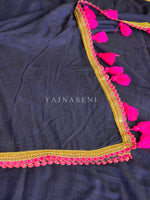 Load image into Gallery viewer, Mulmul Cotton x PomPom Saree : Dark Blue x Hot Pink
