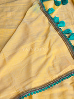 Load image into Gallery viewer, Mulmul Cotton x PomPom Saree : Yellow x Teal Blue
