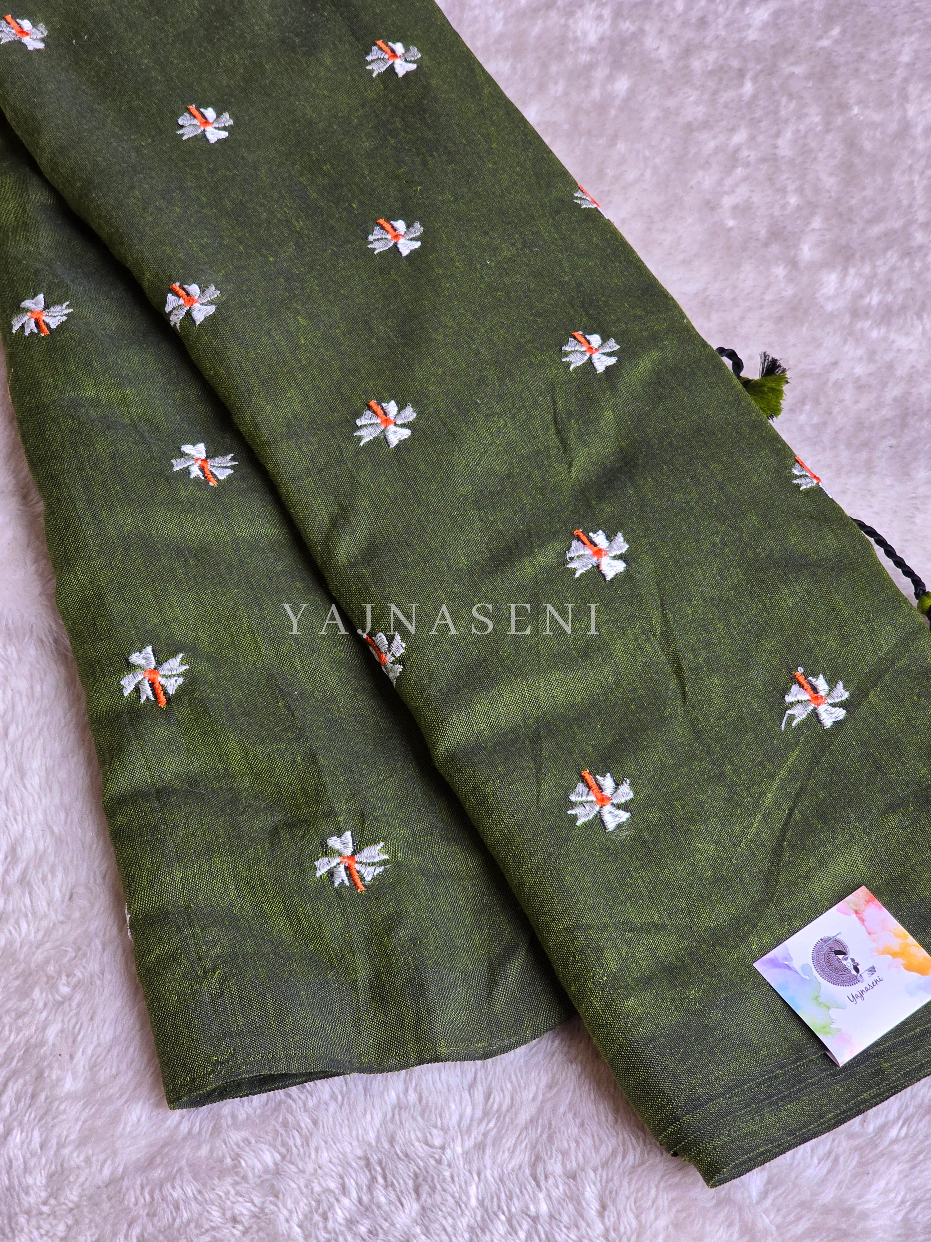 Khadi Cotton Saree x Embroidered Flowers : Dark Olive