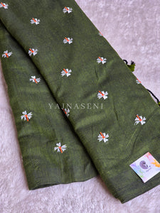 Khadi Cotton Saree x Embroidered Flowers : Dark Olive