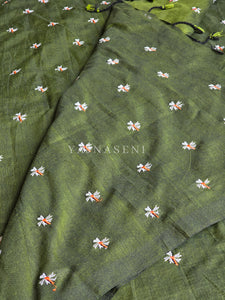 Khadi Cotton Saree x Embroidered Flowers : Dark Olive