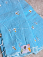 Load image into Gallery viewer, Mulmul Cotton Saree x Embroidered Flowers x Contrast Tassels : Baby Blue
