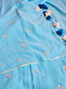Mulmul Cotton Saree x Embroidered Flowers x Contrast Tassels : Baby Blue