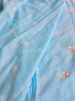 Load image into Gallery viewer, Mulmul Cotton Saree x Embroidered Flowers x Contrast Tassels : Baby Blue
