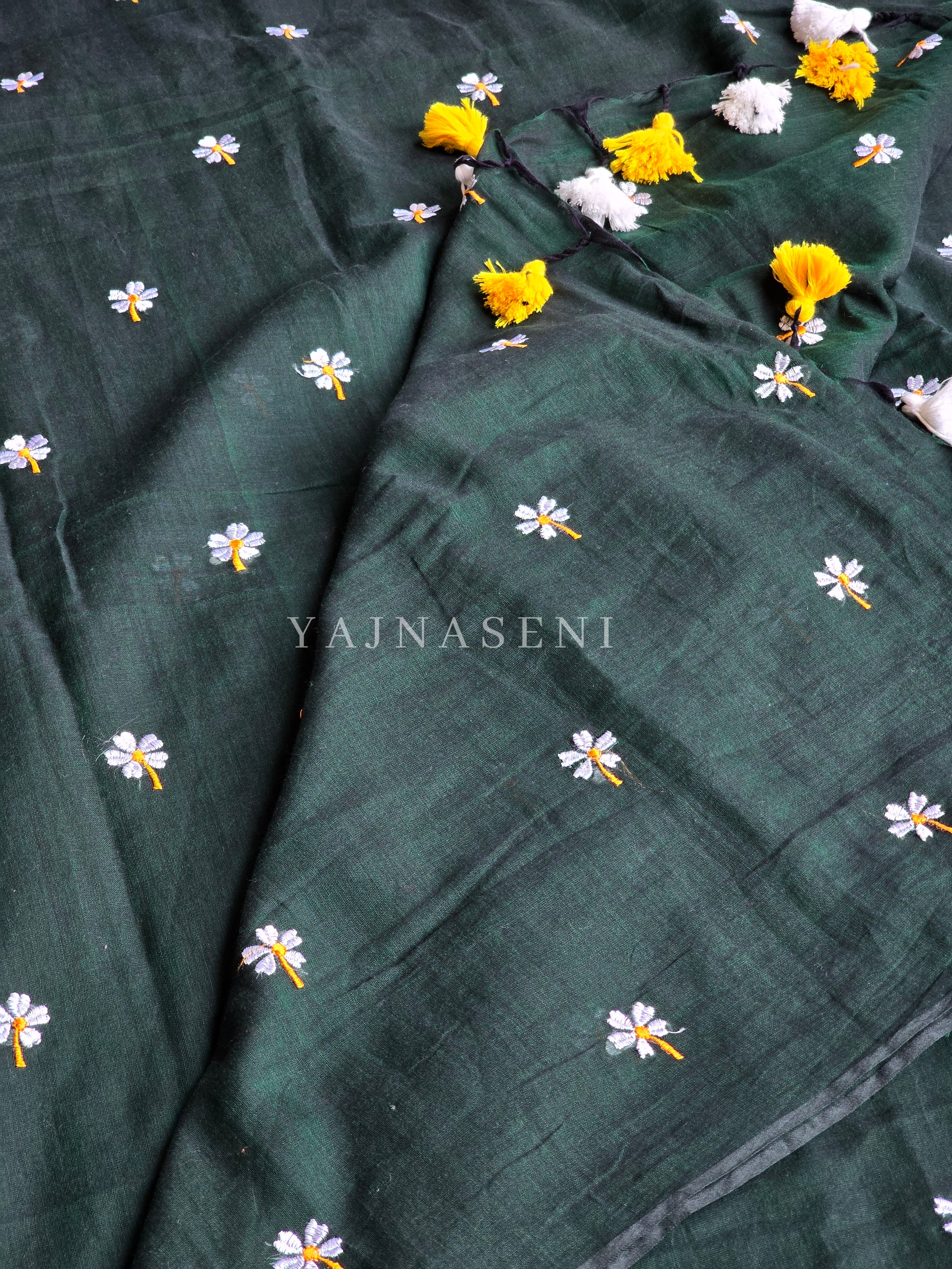 Mulmul Cotton Saree x Embroidered Flowers x Contrast Tassels : Timber Green