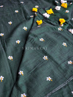 Load image into Gallery viewer, Mulmul Cotton Saree x Embroidered Flowers x Contrast Tassels : Timber Green
