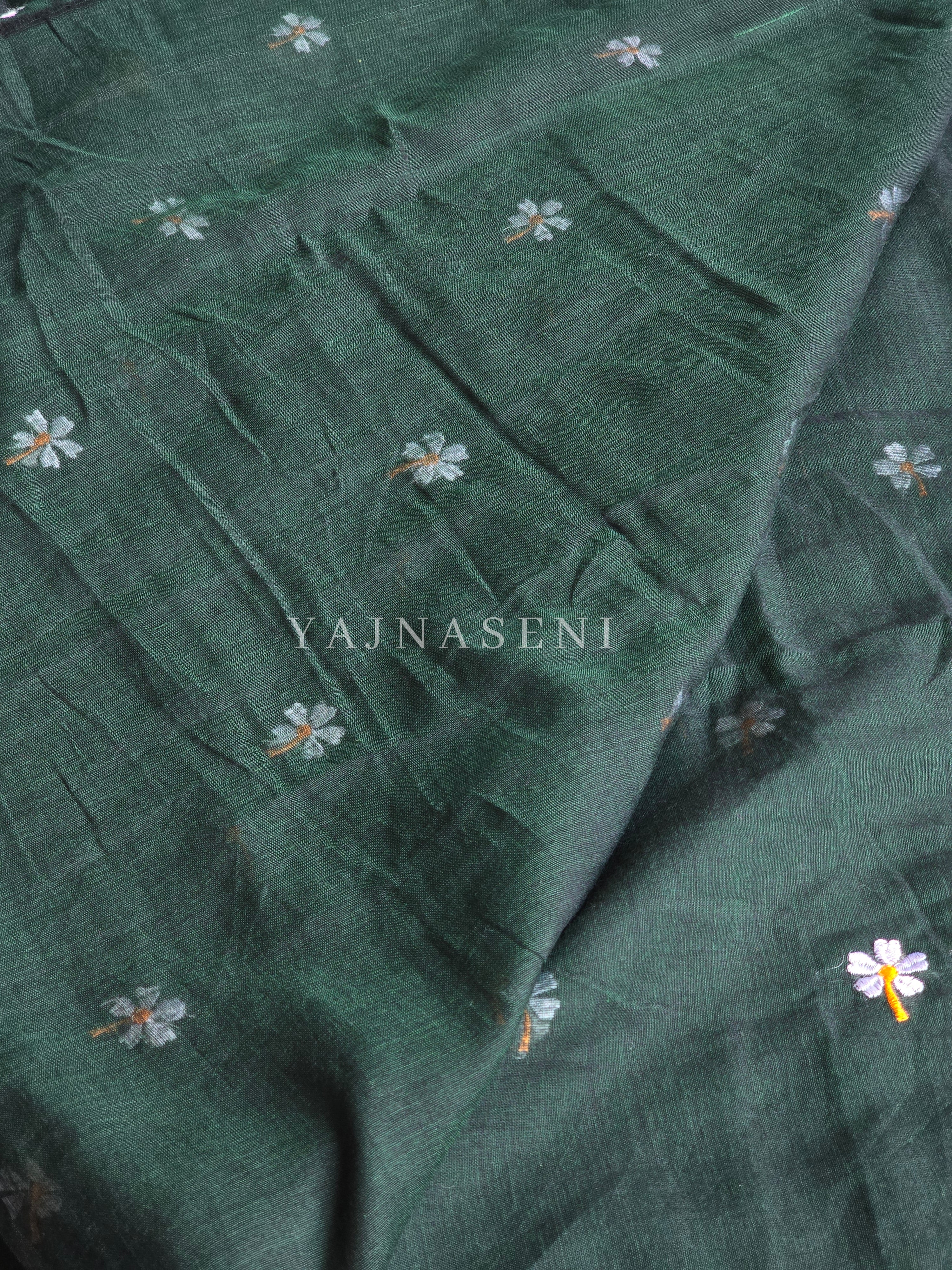 Mulmul Cotton Saree x Embroidered Flowers x Contrast Tassels : Timber Green