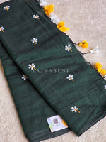 Load image into Gallery viewer, Mulmul Cotton Saree x Embroidered Flowers x Contrast Tassels : Timber Green
