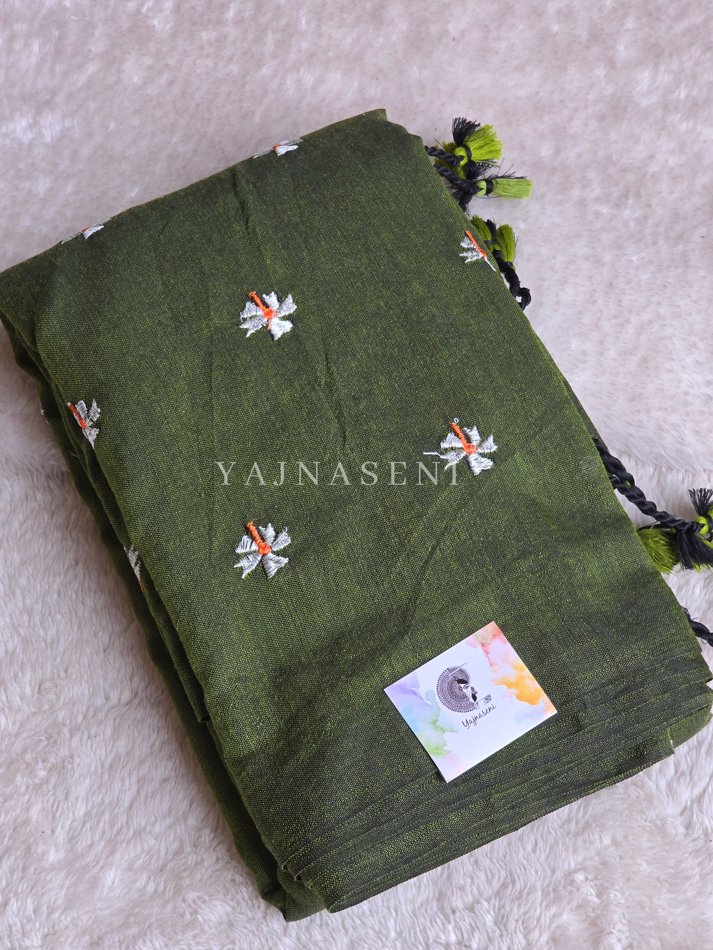 Khadi Cotton Saree x Embroidered Flowers : Dark Olive