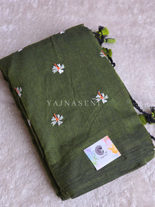 Khadi Cotton Saree x Embroidered Flowers : Dark Olive