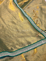 Load image into Gallery viewer, Shimmery Tissue Saree x Lace Border : Golden Olive x Green
