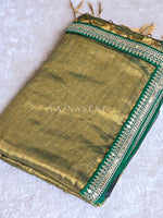 Load image into Gallery viewer, Shimmery Tissue Saree x Lace Border : Golden Olive x Green
